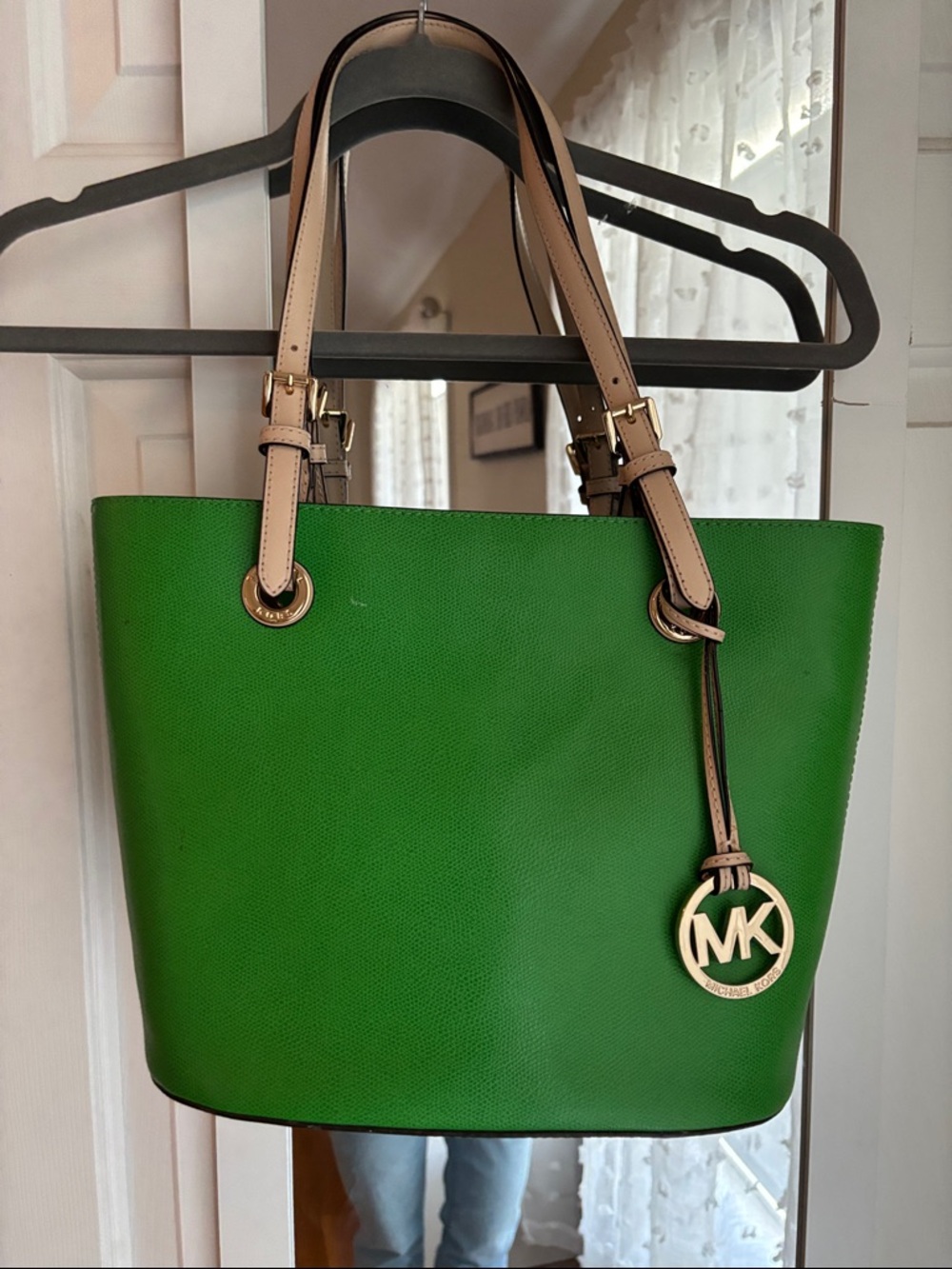 Michael Kors Green Saffiano Leather Tote with Beige Straps